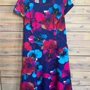 Anne Klein Vibrant Floral Easter Dress in Navy with Fuchsia & Teal Blooms